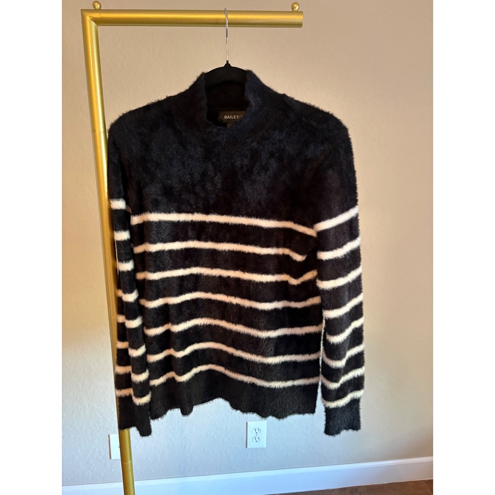 Bailey 44 Sweater Black White Striped Fuzzy Eyelash Mock Neck S Quiet Luxury